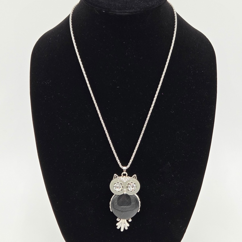 Y2K Owl Pendant Necklace Silver‎ Tone Rhinestone Black Stone Fashion Jewelry